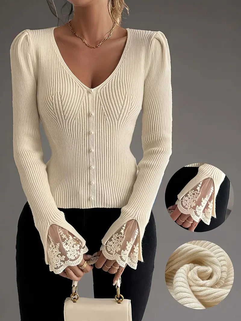 Women's Cropped Floral V-Neck Ribbed Top with Sleeves