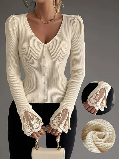Women's Cropped Floral V-Neck Ribbed Top with Sleeves