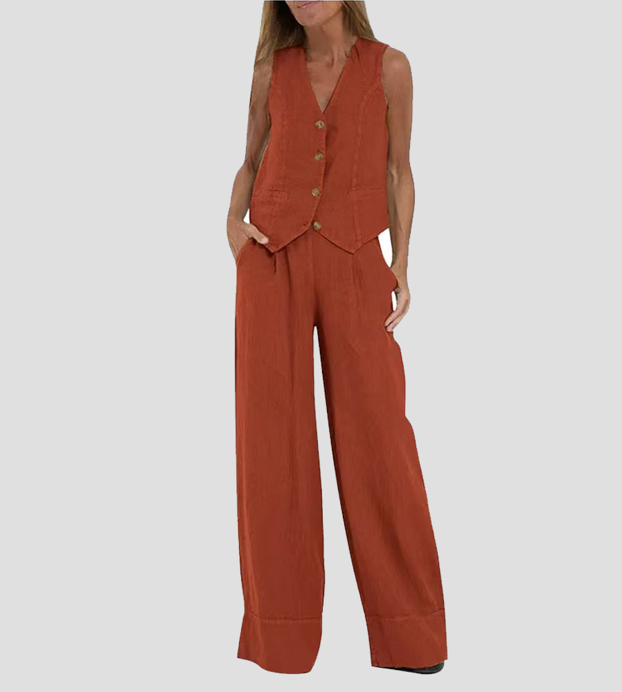 Aira | Women's Buttoned Vest & Wide-Leg Trousers Set