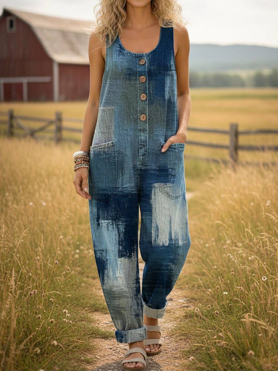 Casual Denim Jumpsuit for Women with Distressed Art Print and Pockets