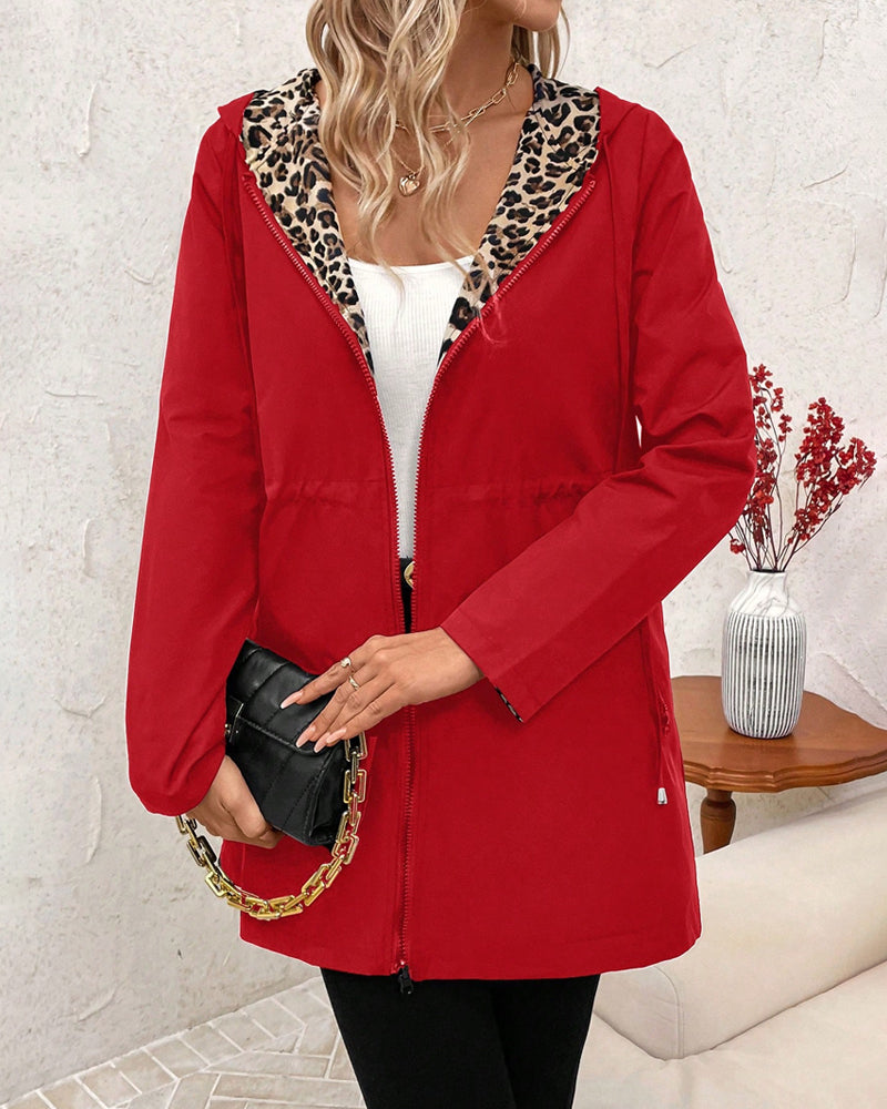 Women's Leopard Print Reversible Hooded Jacket with Drawstring