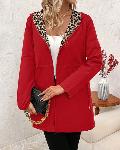 Women's Leopard Print Reversible Hooded Jacket with Drawstring