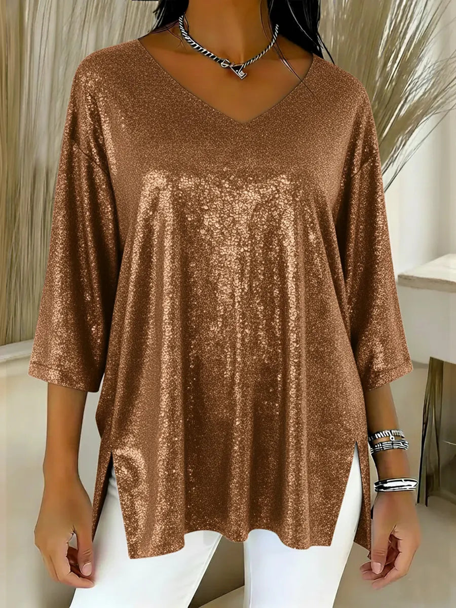 Elina | Women's Shiny V-Neck Christmas Top with Pockets