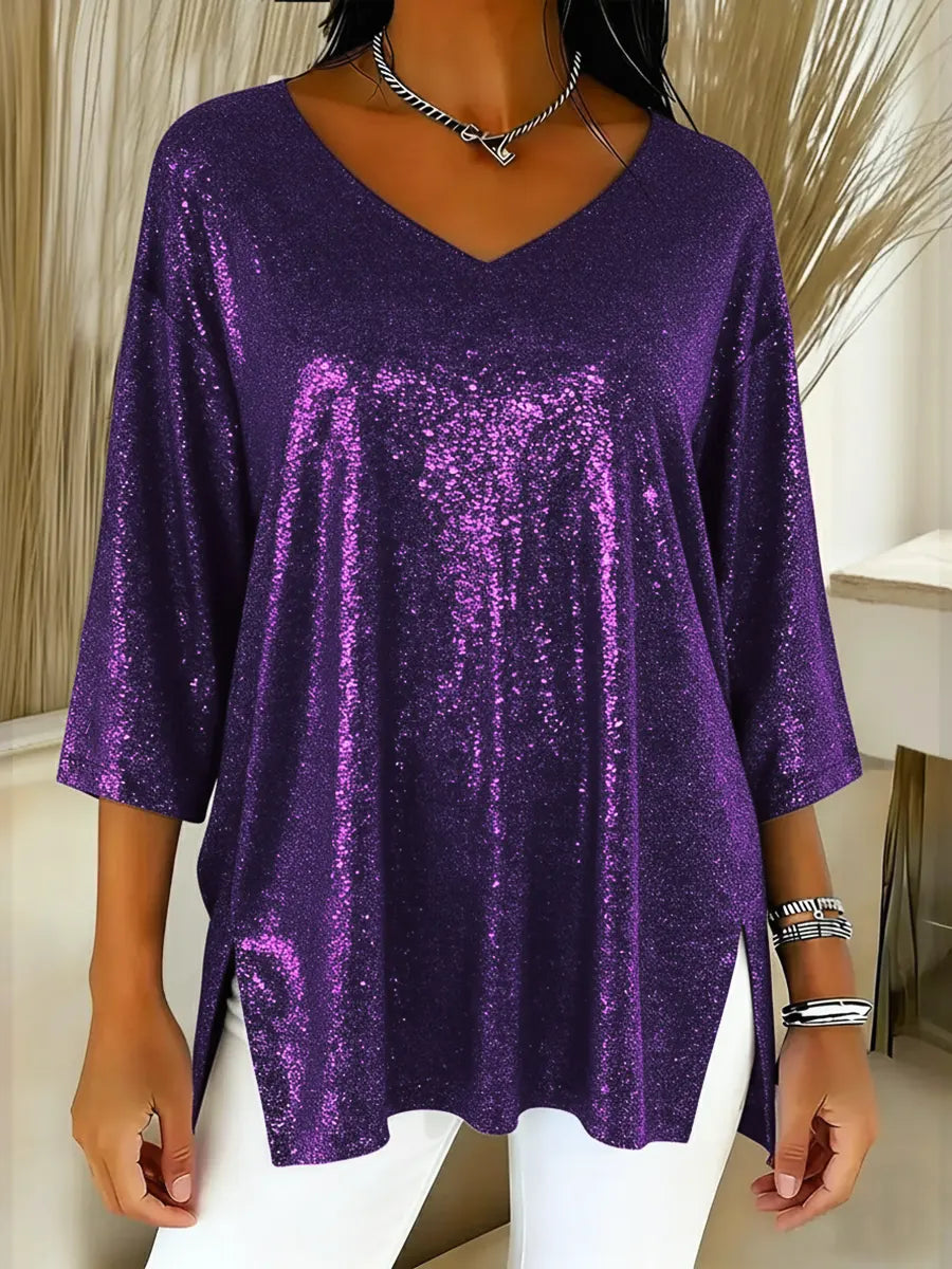Elina | Women's Shiny V-Neck Christmas Top with Pockets