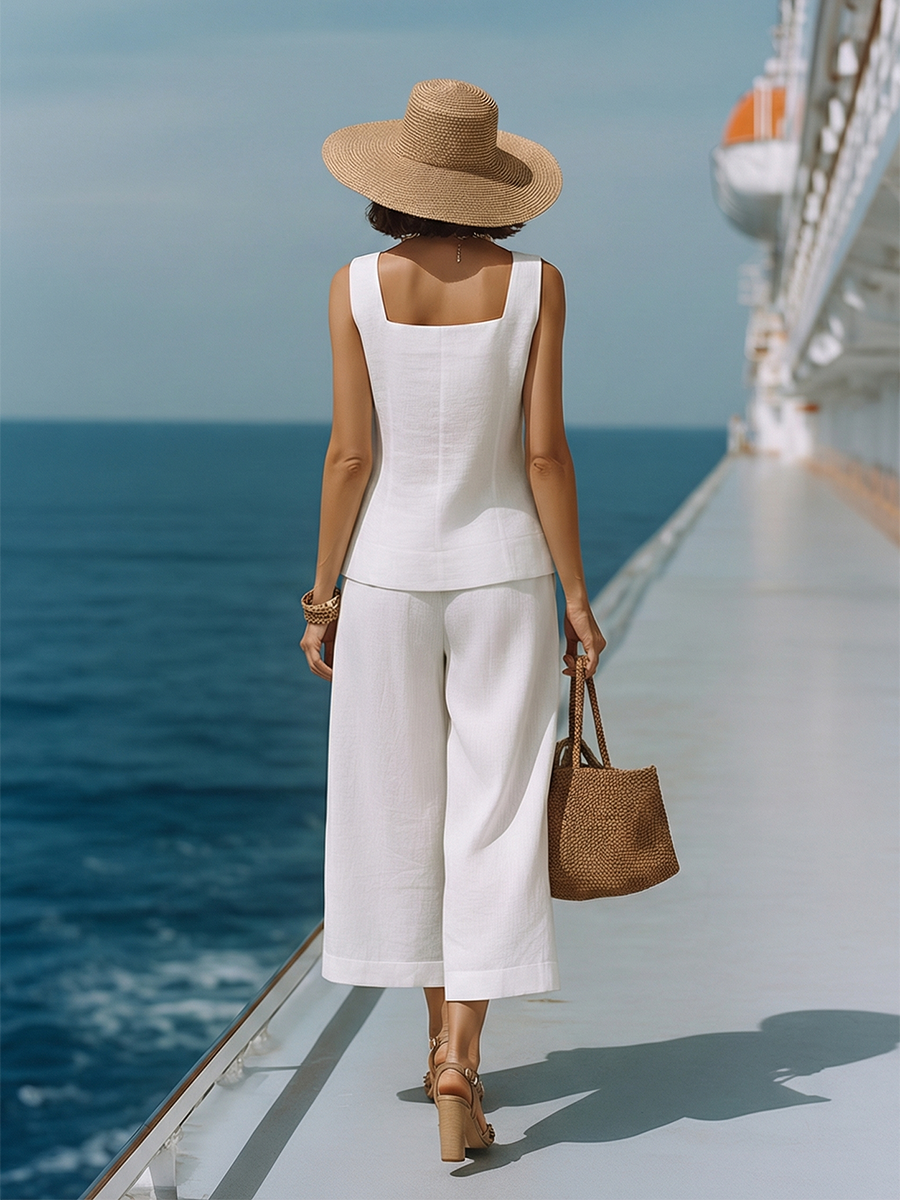 Women's Timeless White, Square Neck Top with Matching Capri Trousers Set