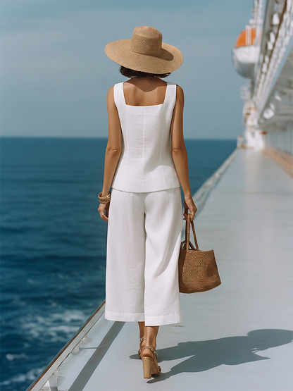 Women's Timeless White, Square Neck Top with Matching Capri Trousers Set