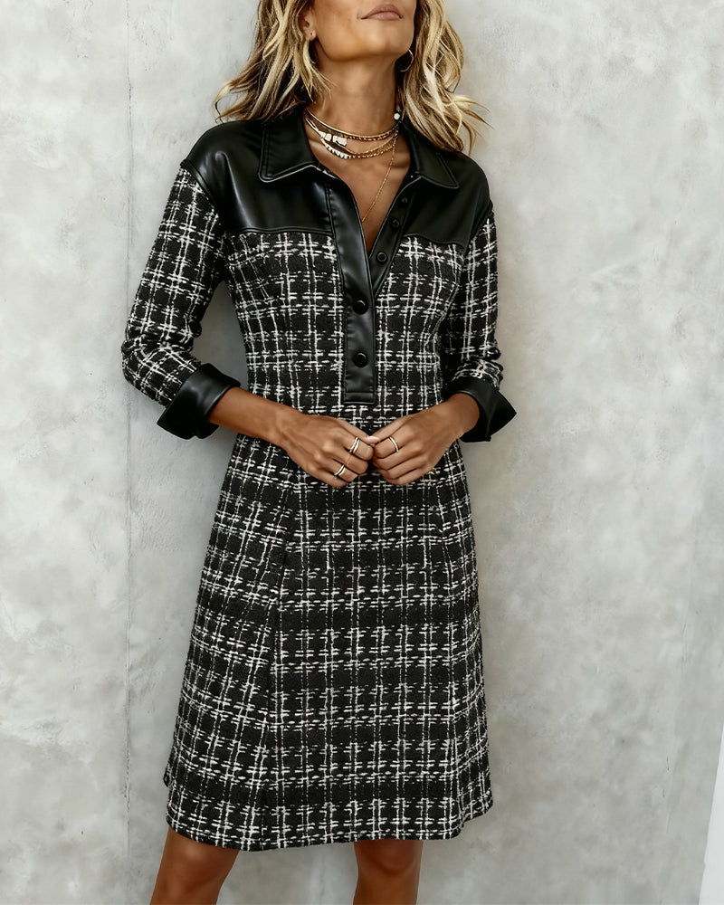 Women's Long Sleeve Houndstooth Patchwork Dress