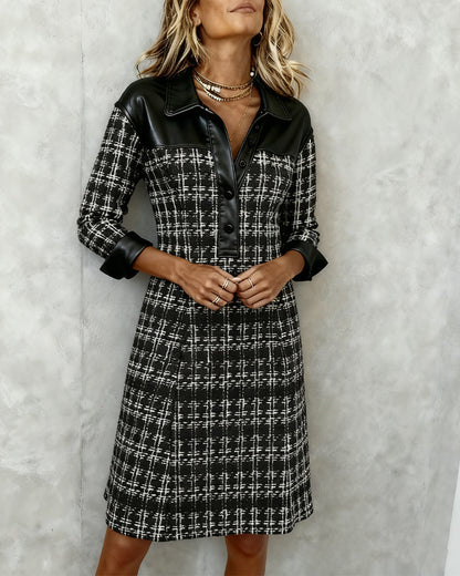Women's Long Sleeve Houndstooth Patchwork Dress