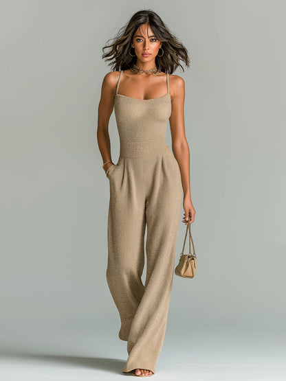 Women's ElevenOra Stylish Camel Strappy Sleeveless Tailored Wide Leg Ribbed Jumpsuit
