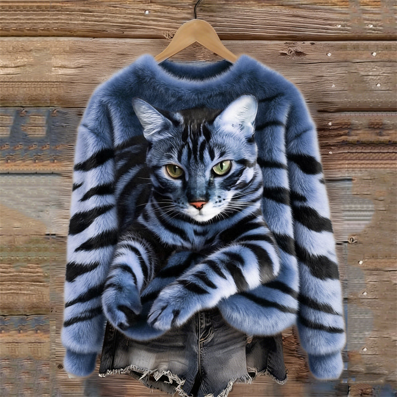 Women's Snug Plush Sweatshirt Featuring a Tiger and Tabby Kitten Design