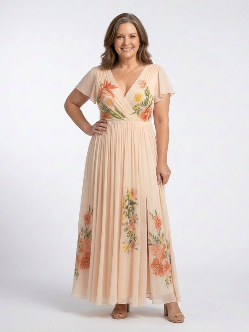 Calista | Women's V Neck Short Sleeve Pleated Floral Maxi Dress