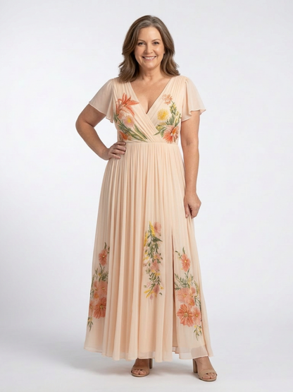 Calista | Women's V Neck Short Sleeve Pleated Floral Maxi Dress