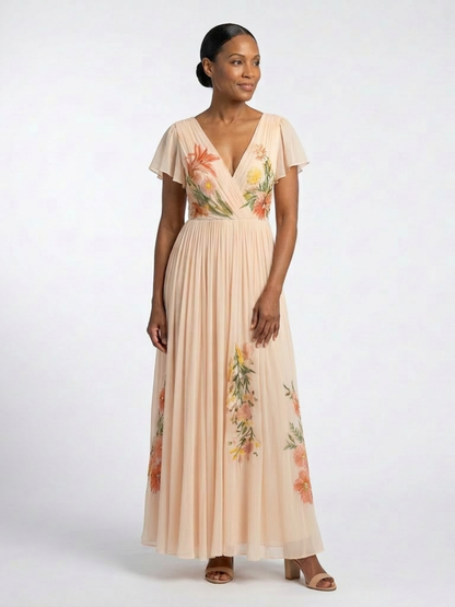 Calista | Women's V Neck Short Sleeve Pleated Floral Maxi Dress