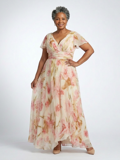 Elara | Women's V Neck Short Sleeve Floral Maxi Dress