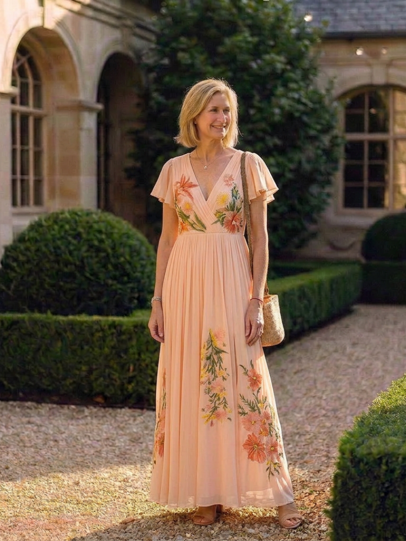 Calista | Women's V Neck Short Sleeve Pleated Floral Maxi Dress