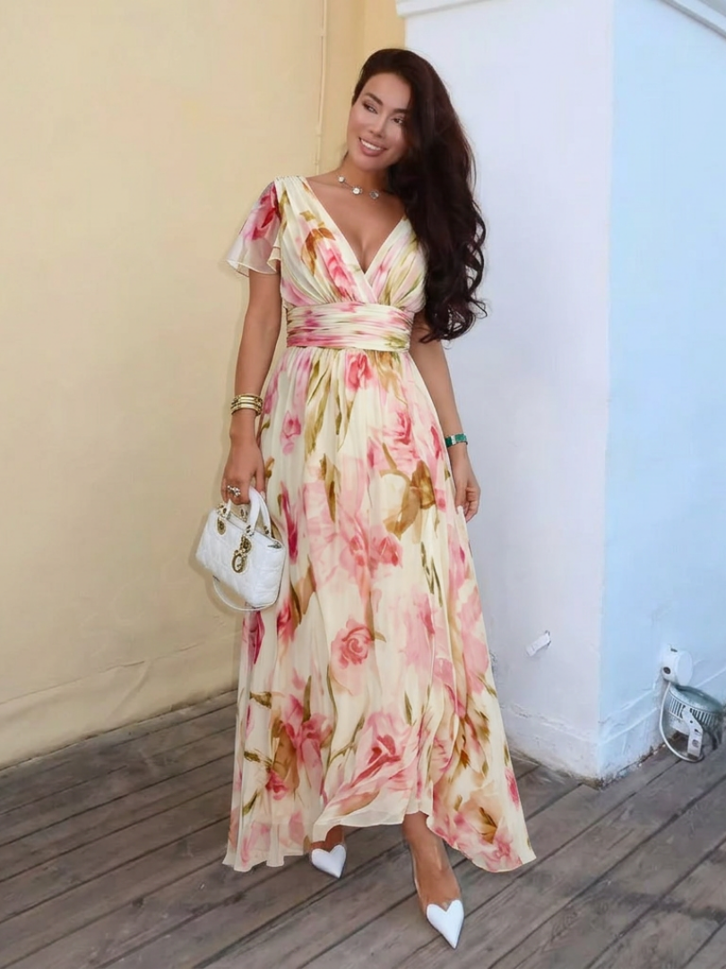 Elara | Women's V Neck Short Sleeve Floral Maxi Dress