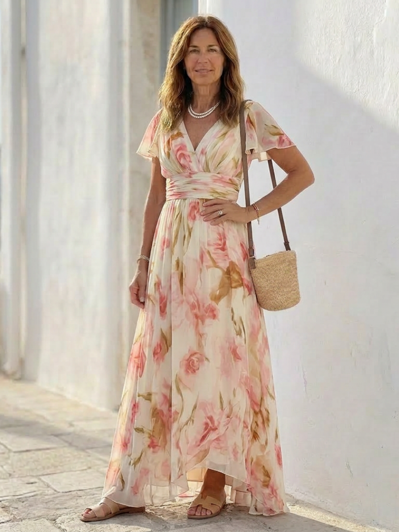 Elara | Women's V Neck Short Sleeve Floral Maxi Dress