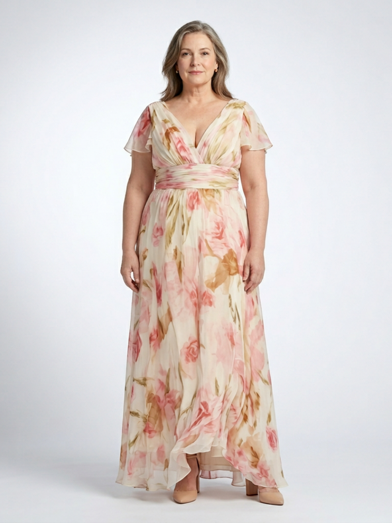 Elara | Women's V Neck Short Sleeve Floral Maxi Dress