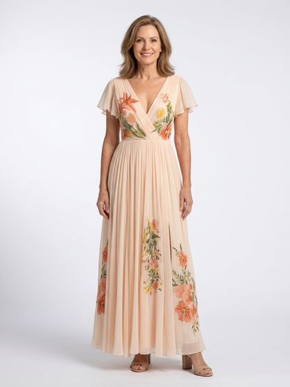 Calista | Women's V Neck Short Sleeve Pleated Floral Maxi Dress