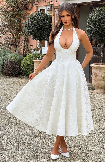 Niamh | Women's Elegant Embroidered Deep V Sleeveless Midi Dress