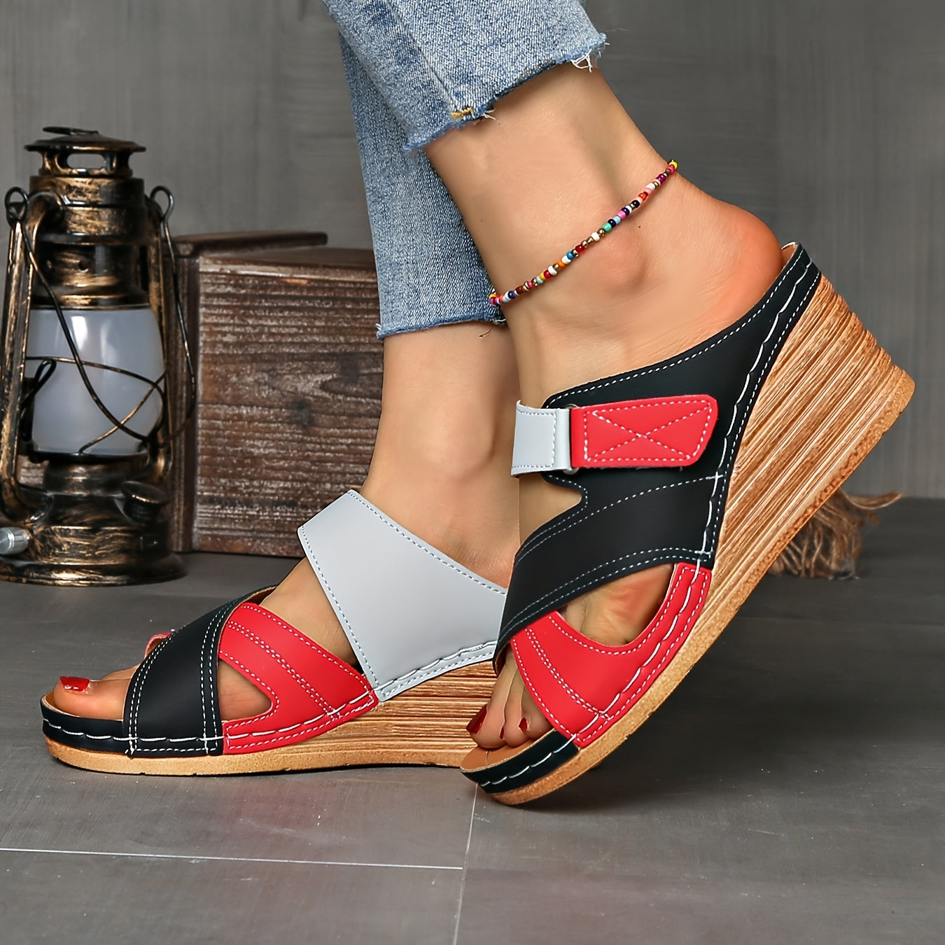 Women's Orthopedic Open-Toe Marina Colourblock Wedge Slides, Comfortable Sandals
