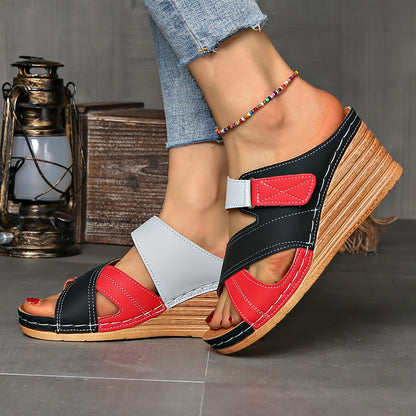 Women's Orthopedic Open-Toe Marina Colourblock Wedge Slides, Comfortable Sandals
