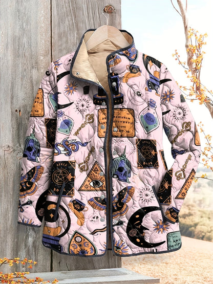 Women's Relaxed Mystic Symbols Print Quilted Jacket