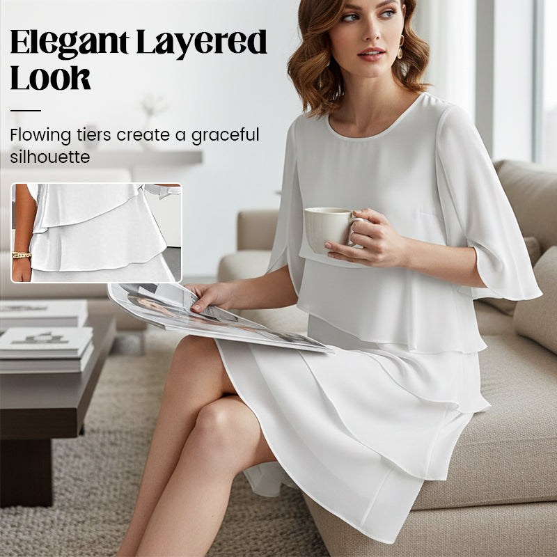Chic Layered Midi Dress with Puff Sleeves for Women