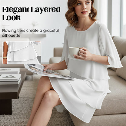 Chic Layered Midi Dress with Puff Sleeves for Women