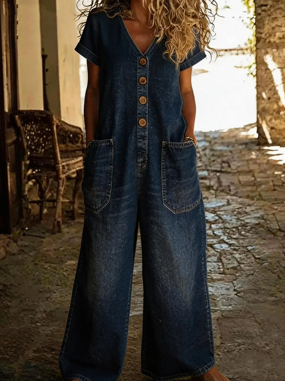 Denise | Women's Denim Jumpsuit with V-Neck and Short Sleeves and Pockets