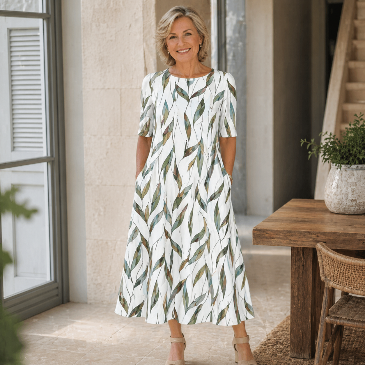 Sarah | Women's Easygoing Floral Midi Dress with Pockets