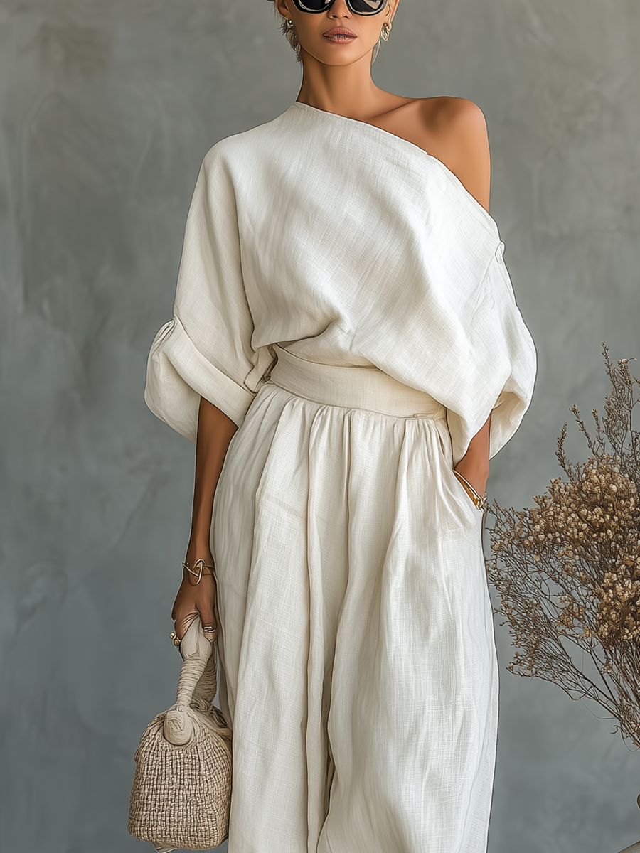 Lisa | Women's Longline Relaxed Cozy Off-Shoulder Top with Tapered Trousers Ensemble