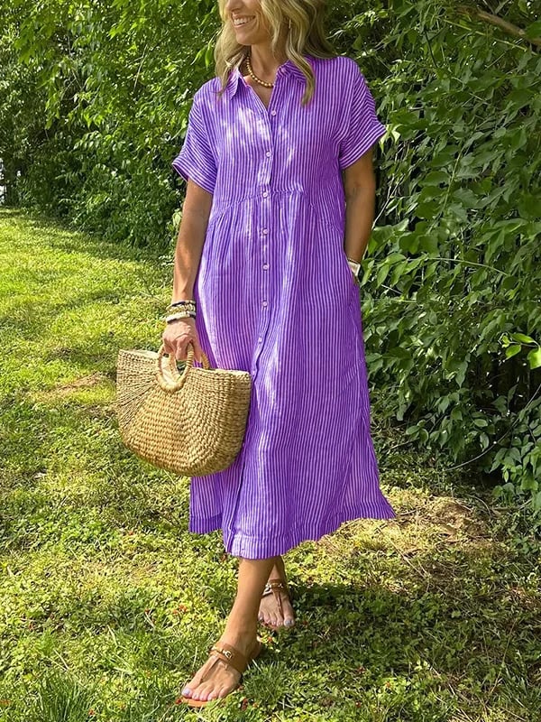 Gwen | Women's Striped Shirt Maxi Dress with Pockets