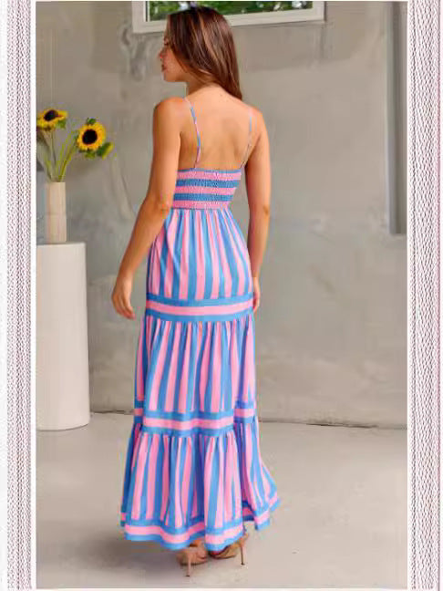 Marisol | Women's Striped Maxi Dress with Straps and Pockets