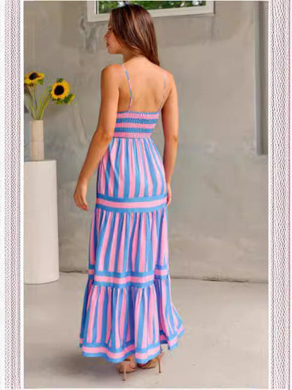 Marisol | Women's Striped Maxi Dress with Straps and Pockets
