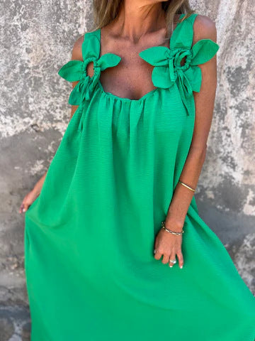 Floral Pattern Women's Maxi Dress with U-Shaped Neckline in Solid Colour
