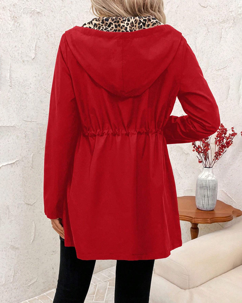 Women's Leopard Print Reversible Hooded Jacket with Drawstring