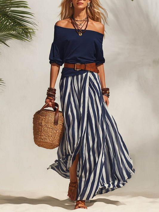 Women's Navy Blue Off-the-Shoulder Nautical Top with Striped Slit Skirt Set