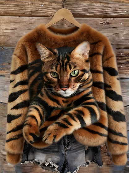 Women's Snug Plush Sweatshirt Featuring a Tiger and Tabby Kitten Design
