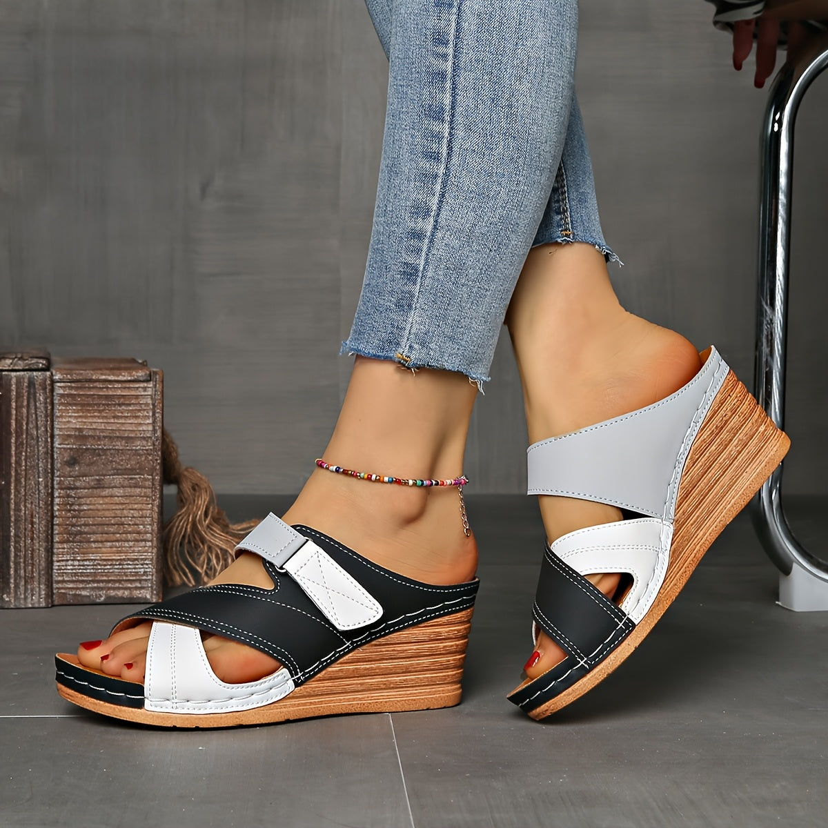 Women's Orthopedic Open-Toe Marina Colourblock Wedge Slides, Comfortable Sandals
