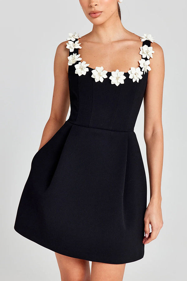 Cindy | Women's Feminine Mini Dress with Floral Applications and Pockets