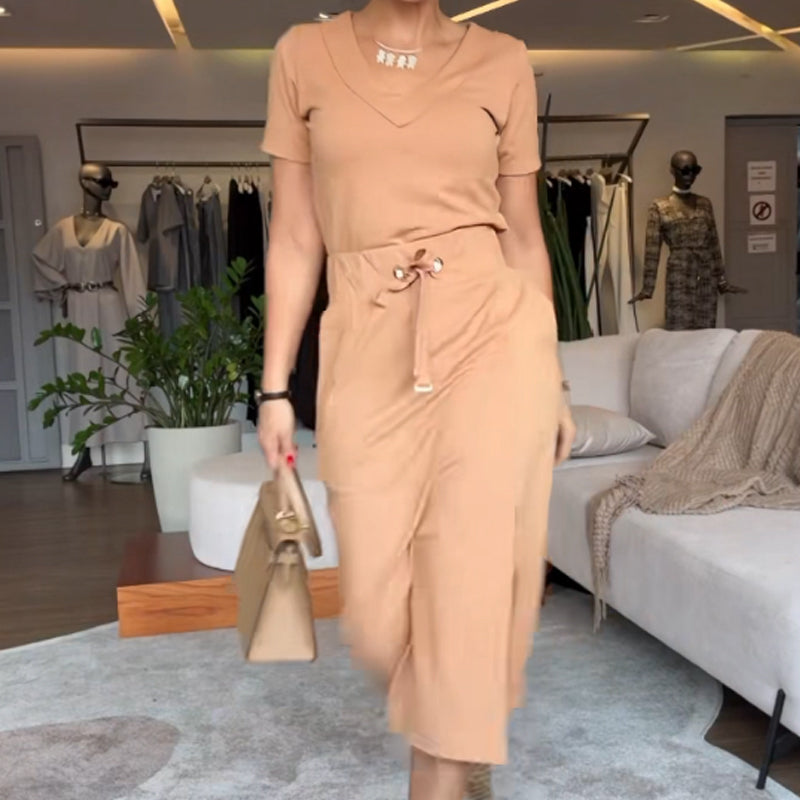 Tori | Women's Stylish V-Neck Top & Skirt Set with Drawstring