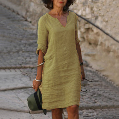 Lola | Women's Relaxed V-Neck Midi Dress with Pockets