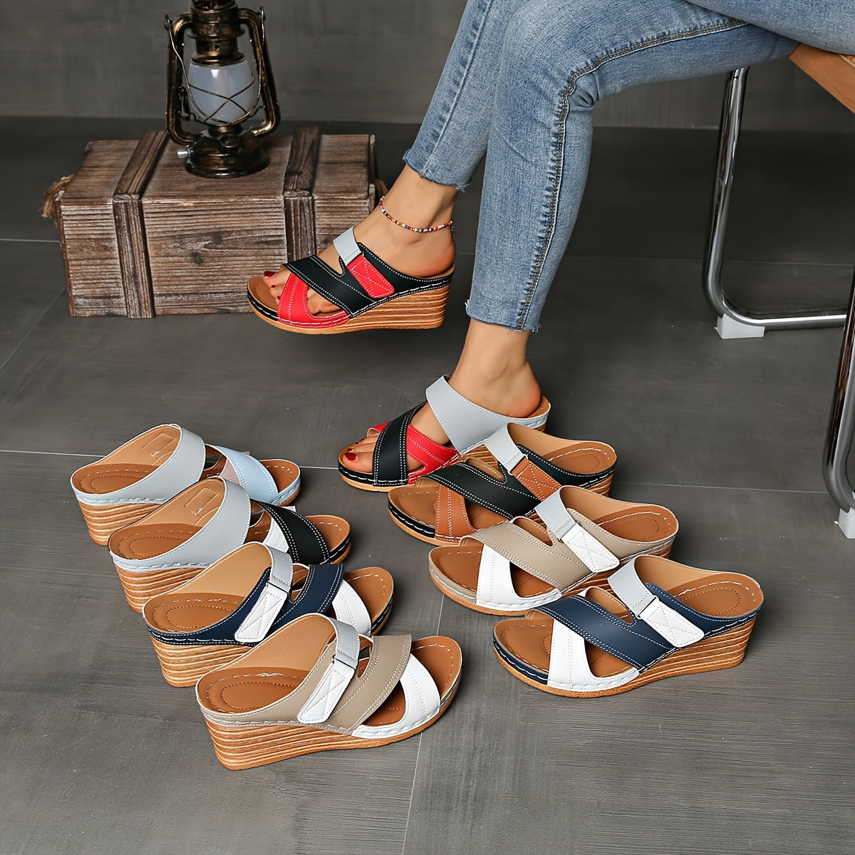 Women's Orthopedic Open-Toe Marina Colourblock Wedge Slides, Comfortable Sandals