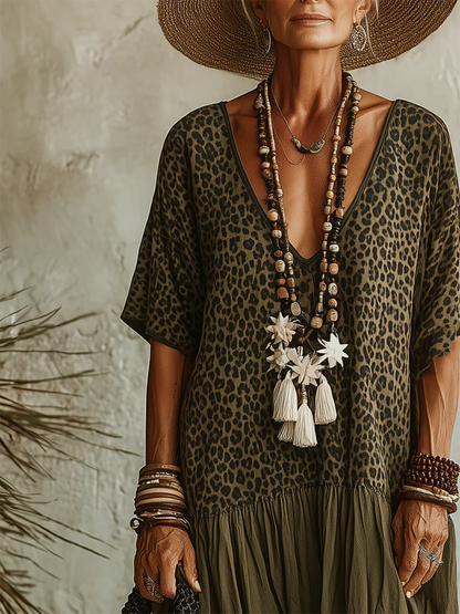 Women's V-Neck Maxi Dress with Leopard Print