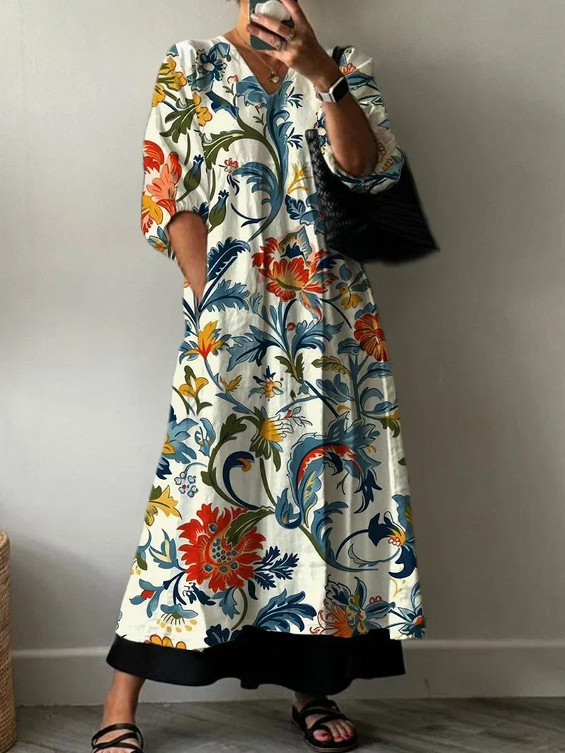 Women's Relaxed Elegant Maxi Dress with Tiana Print and Fringe