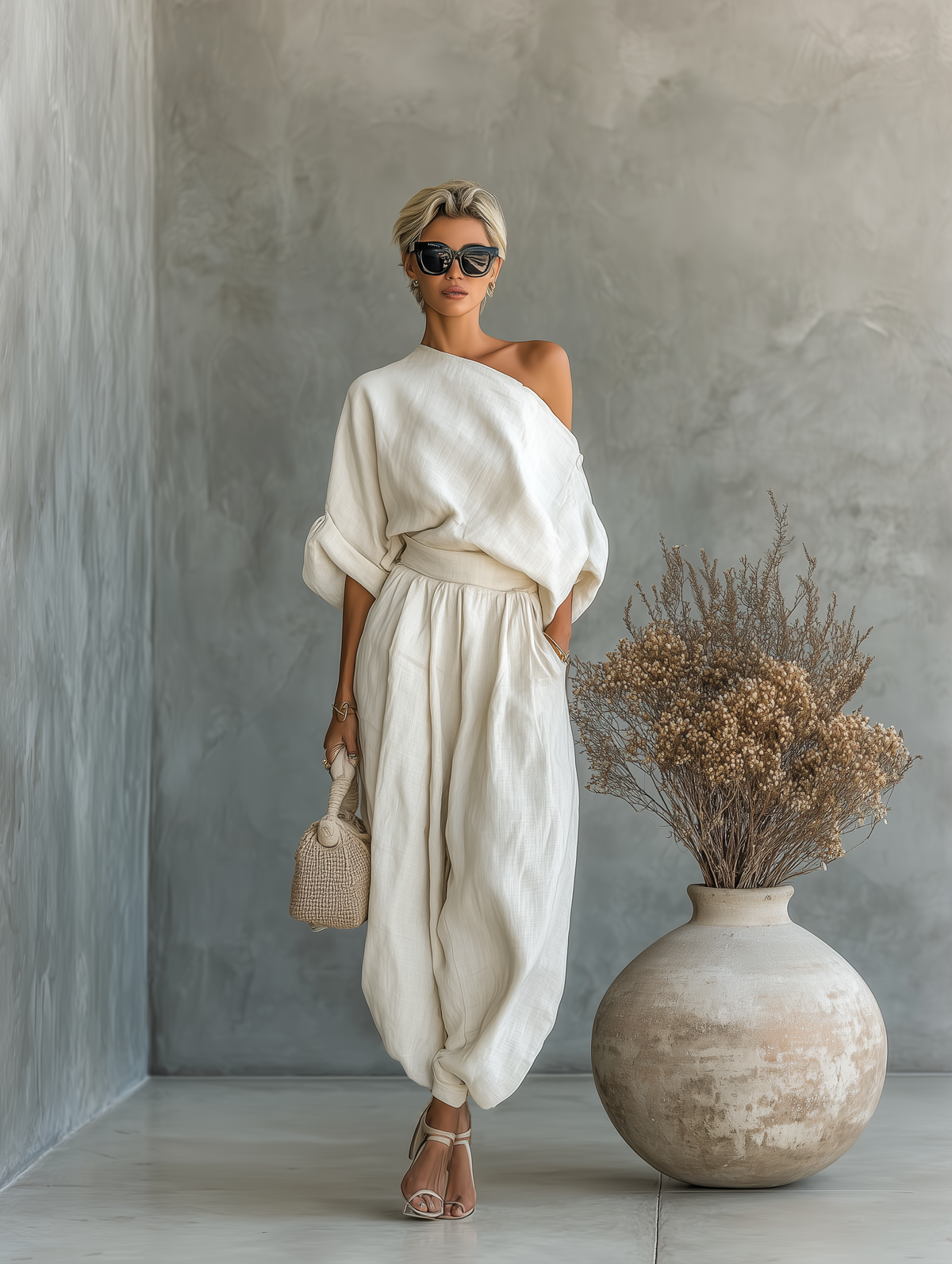 Lisa | Women's Longline Relaxed Cozy Off-Shoulder Top with Tapered Trousers Ensemble