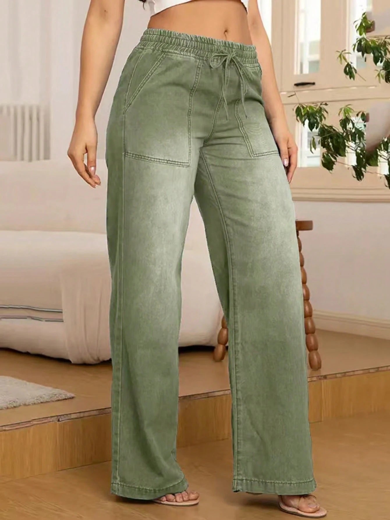 Adjustable Drawstring Waist Wide-Leg Jeans for Women