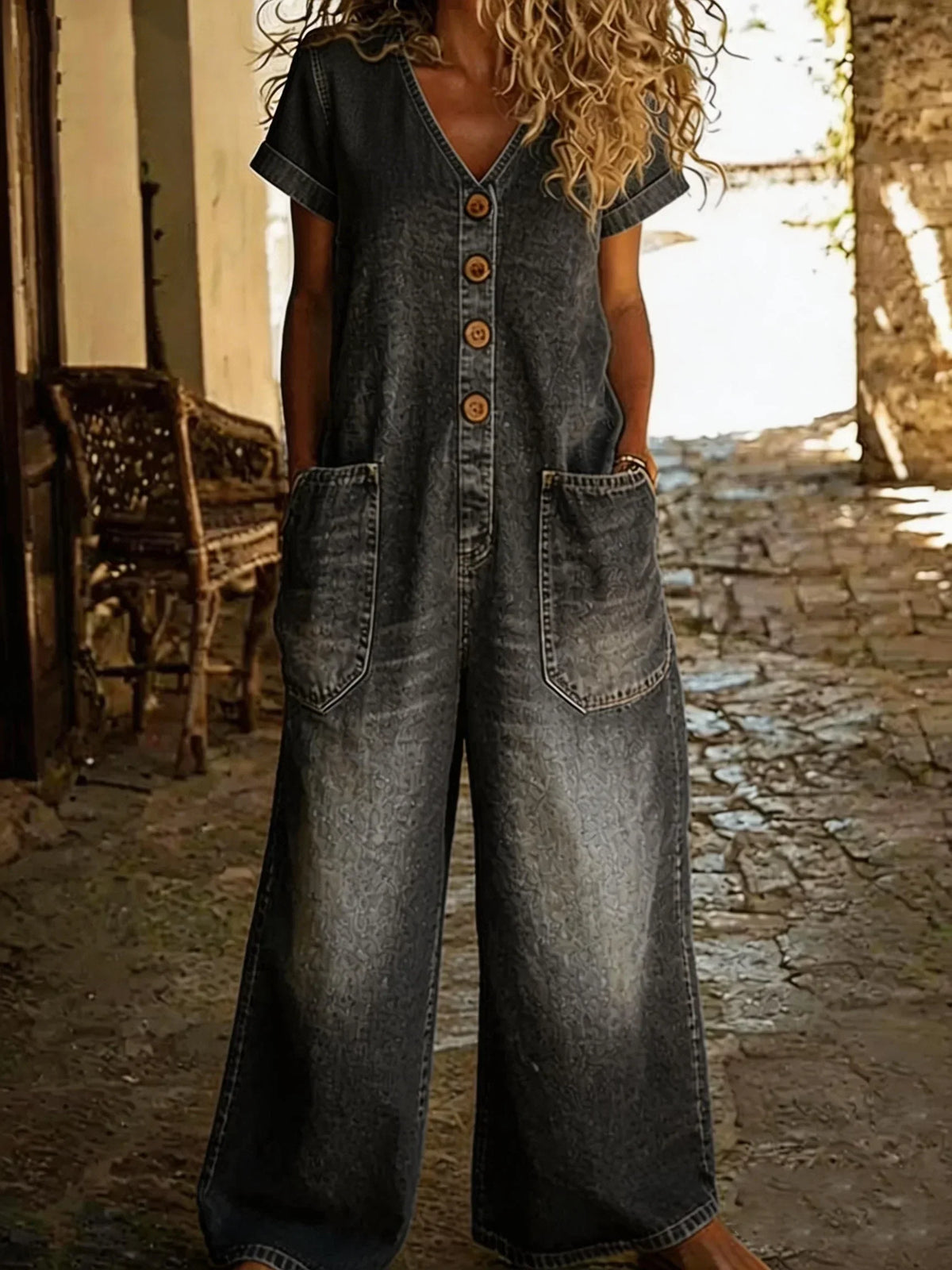 Denise | Women's Denim Jumpsuit with V-Neck and Short Sleeves and Pockets