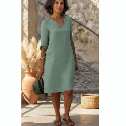 Lola | Women's Relaxed V-Neck Midi Dress with Pockets